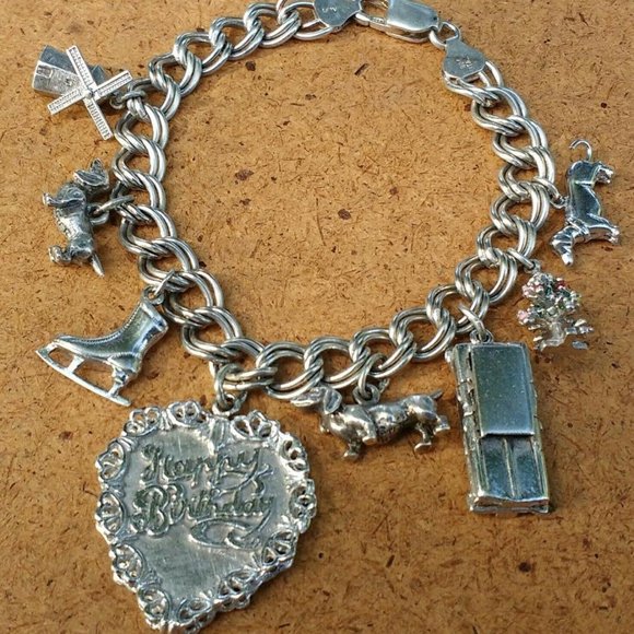 Sterling Silver Birthday Heart Dogs Charm Bracelet - Picture 2 of 5